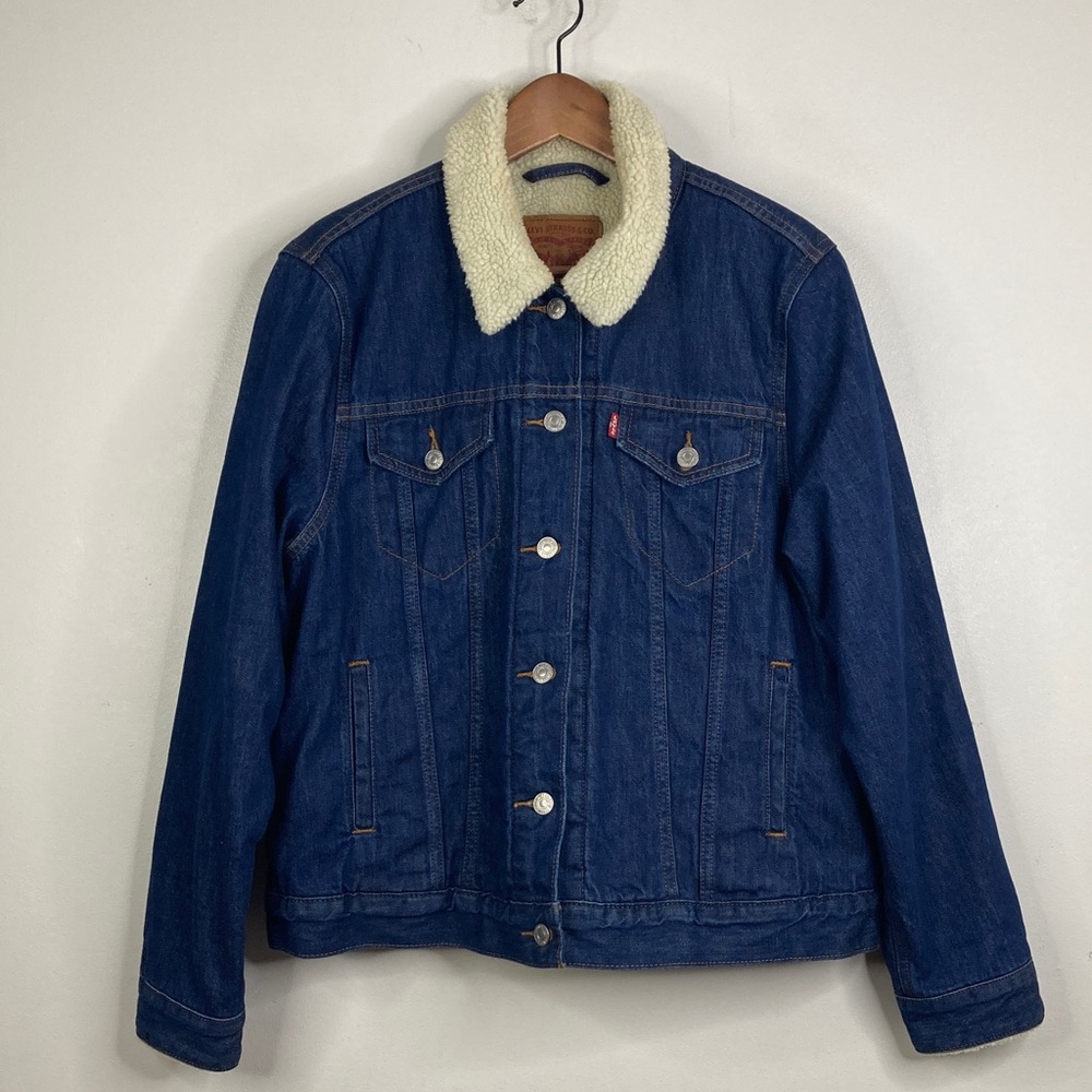 Levi's Ex-Boyfriend Sherpa Trucker Jacket Women's XL Dark Blue Denim Jean Jacket